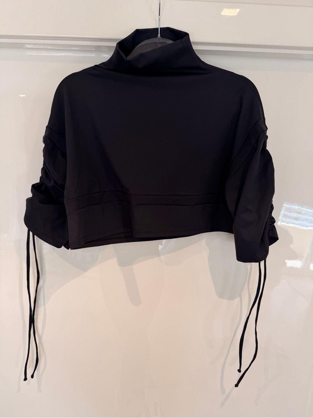 Black Cropped Mock Neck Top with Adjustable Sleeve Ties